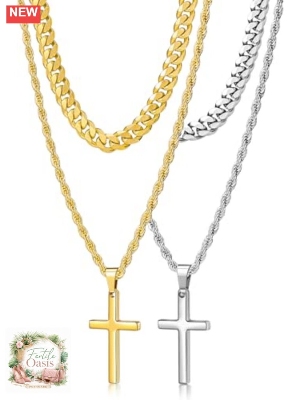 4 Pcs Cross Necklace Men Stainless Steel Chain Set